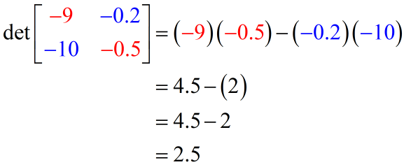 the determinant of matrix { {-9,-0.2} , {-10,-0.5} } is 2.5