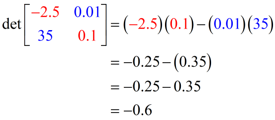 the determinant of matrix { {-2.5,0.01} , {35,0.1} } is 2.5
