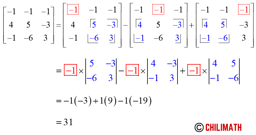 the determinant of the 3x3 matrix { {-1,-1,-1},{4,5,-3},{-1,-6,3} } is 31