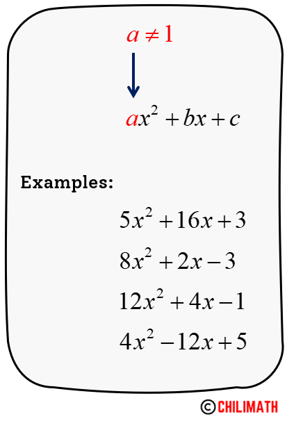 examples of hard trinomial problems are 5x^2+16x+3, 8x^2+2x-3, 12x^2+4x-1, and 4x^2-12x+5