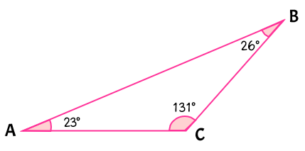 triangle with angle measures of 23, 26, and 131 degrees.