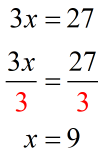 3 times x equals twenty-seven