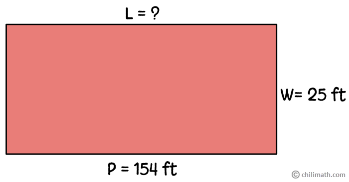 rectangular figure with width of 25 feet and perimeter of 154 feet