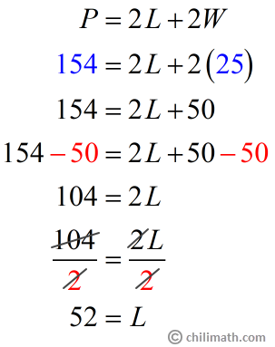 154=2L+2(25) results to L=52