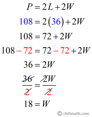 108=2(36)+2W results to W=18