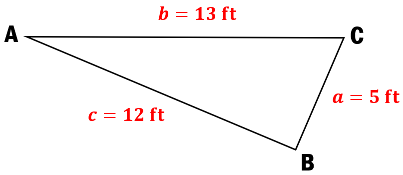 triangle ABC with where side a =9 feet, side b= 12 feet, and side c= 8 feet