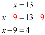 x minus nine equals four