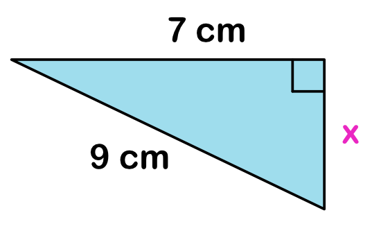 right triangle with hypotenuse of 9 cm and leg of 7 cm