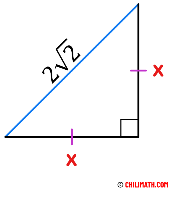 right triangle with hypotenuse of 2 times square root of 2 and legs of x