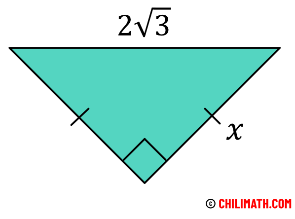 the hypotenuse of a right isosceles triangle is 2 times square root 3