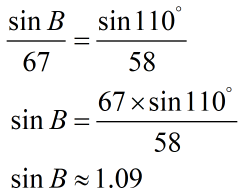 sine of angle B is approximately equal to 1.09