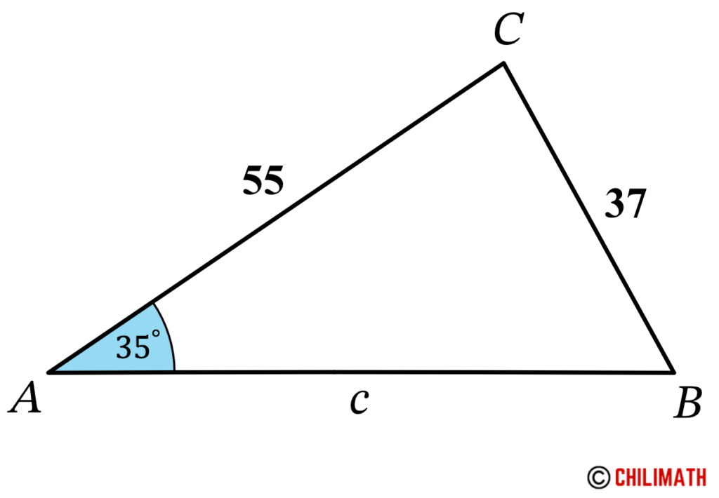 in triangle ABC, angle A is 35 degrees, side a is 37, and side b is 55